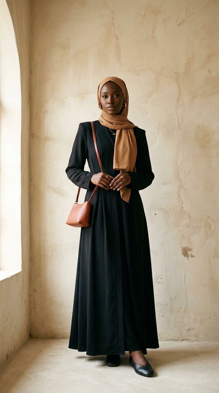 RTB editorial - a woman in a black abaya and tan hijab against a textured plaster wall