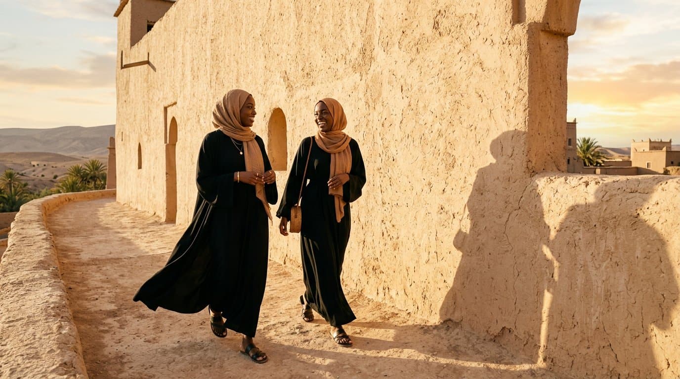 Two women in RTB abayas and hijabs walking past a textured wall at golden hour